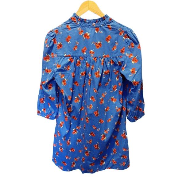 ZARA Emma Mini Tunic Dress Floral V-Neck 3/4 Sleeves Ruffled Neck Cotton Medium - Picture 5 of 10